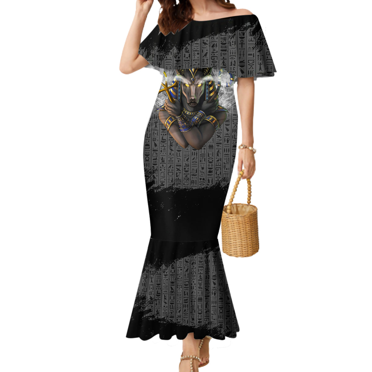 Anubis Mermaid Dress Egypt Pattern Black - Wonder Print Shop