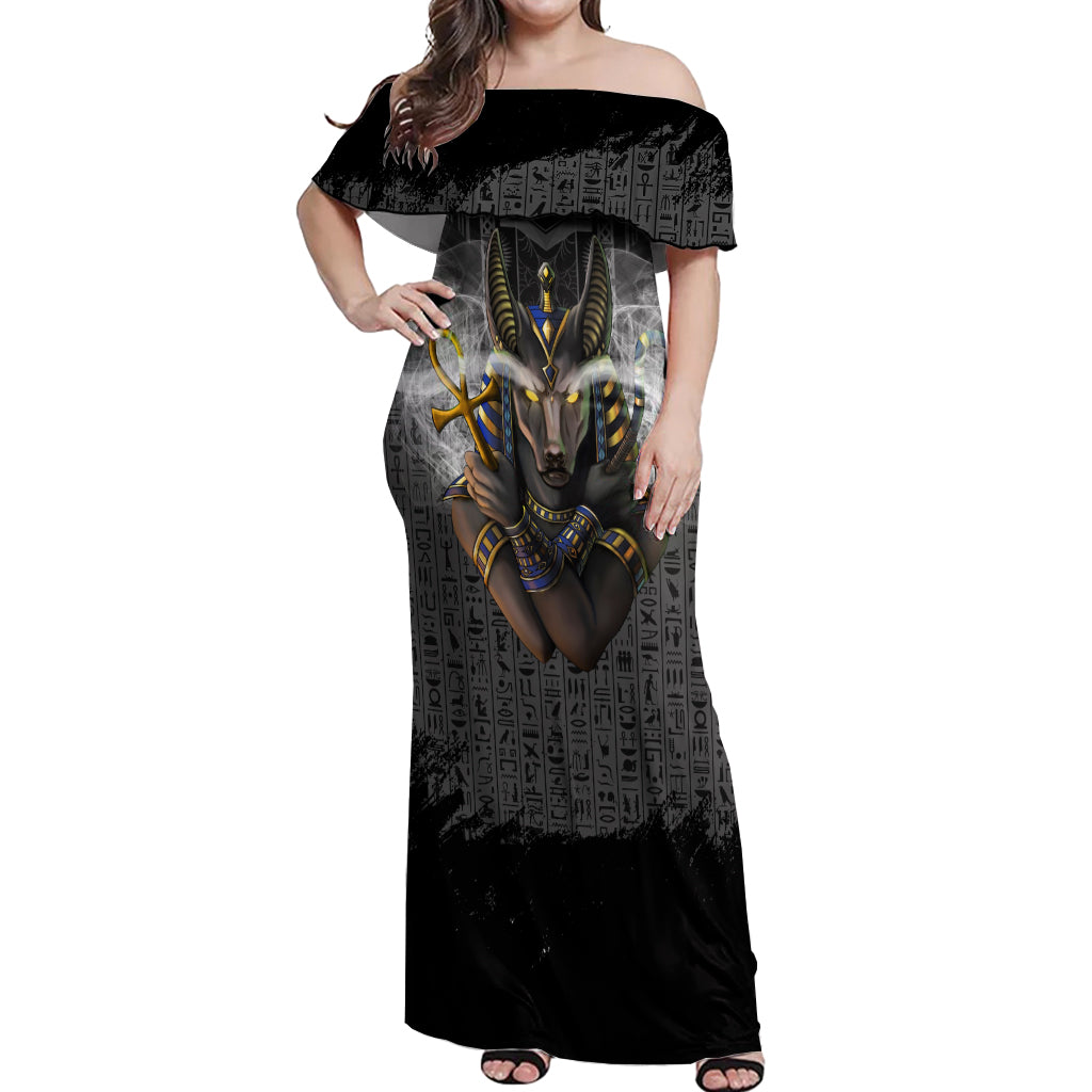 Anubis Off Shoulder Maxi Dress Egypt Pattern Black