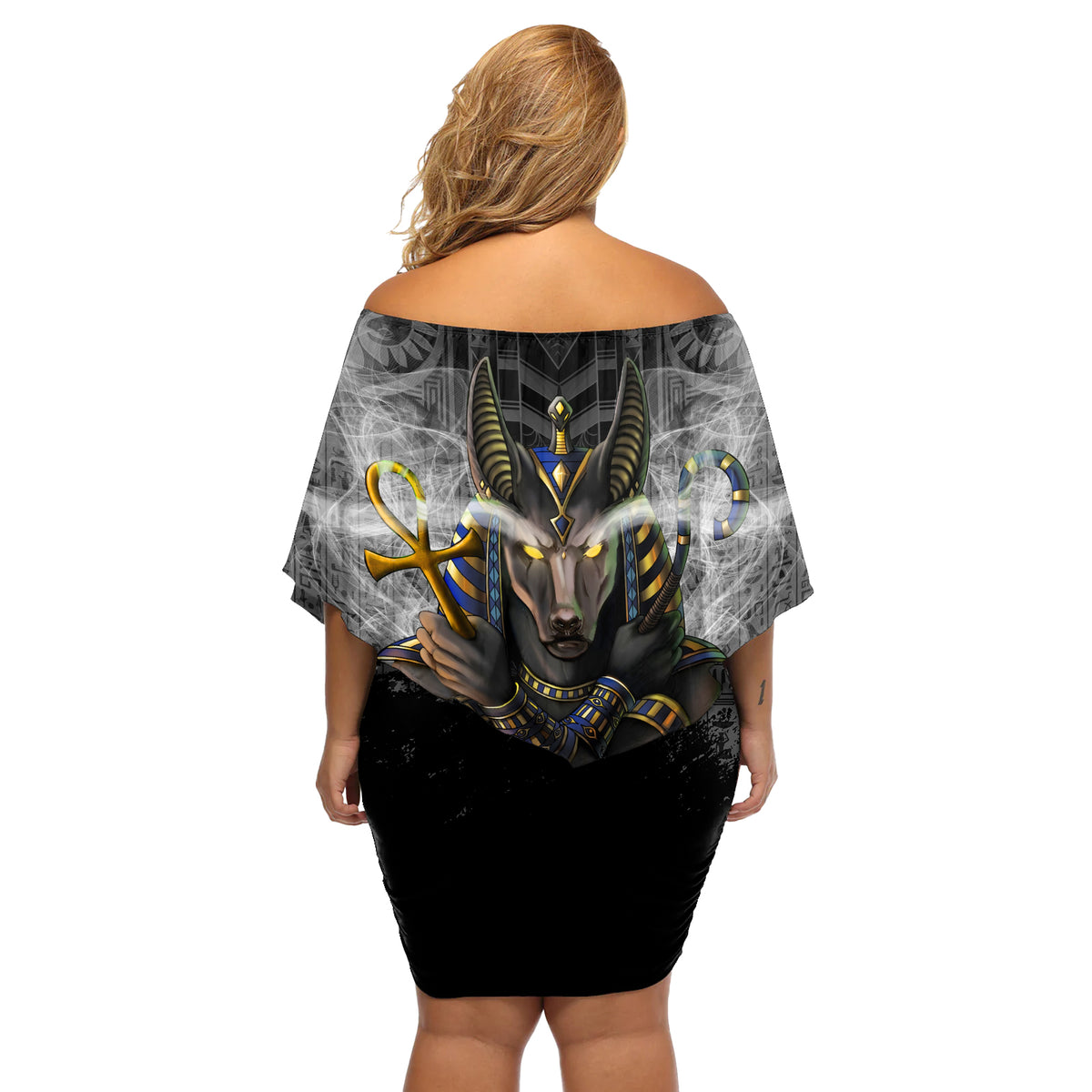 Anubis Off Shoulder Short Dress Egypt Pattern Black - Wonder Print Shop