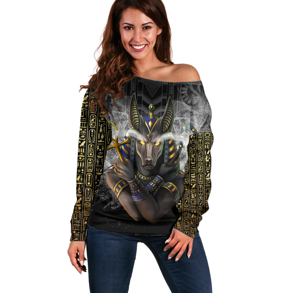Anubis Off Shoulder Sweater Egypt Pattern Black - Wonder Print Shop