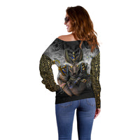 Anubis Off Shoulder Sweater Egypt Pattern Black - Wonder Print Shop
