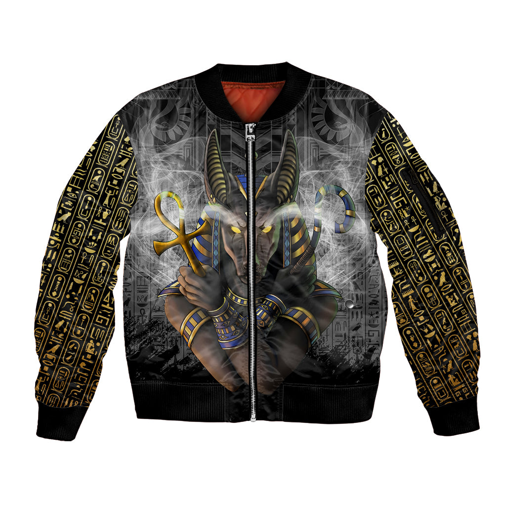Anubis Sleeve Zip Bomber Jacket Egypt Pattern Black - Wonder Print Shop