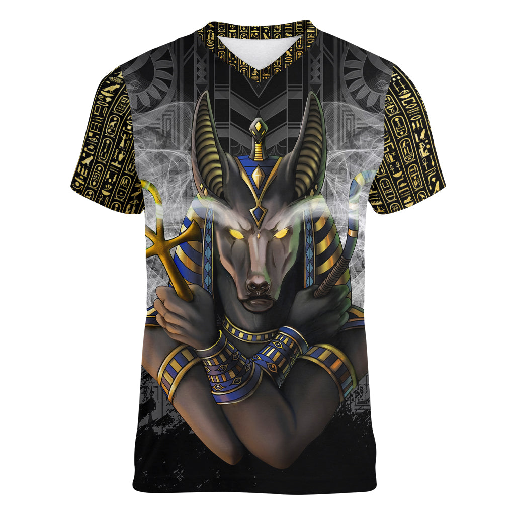 Anubis Women V Neck T Shirt Egypt Pattern Black - Wonder Print Shop