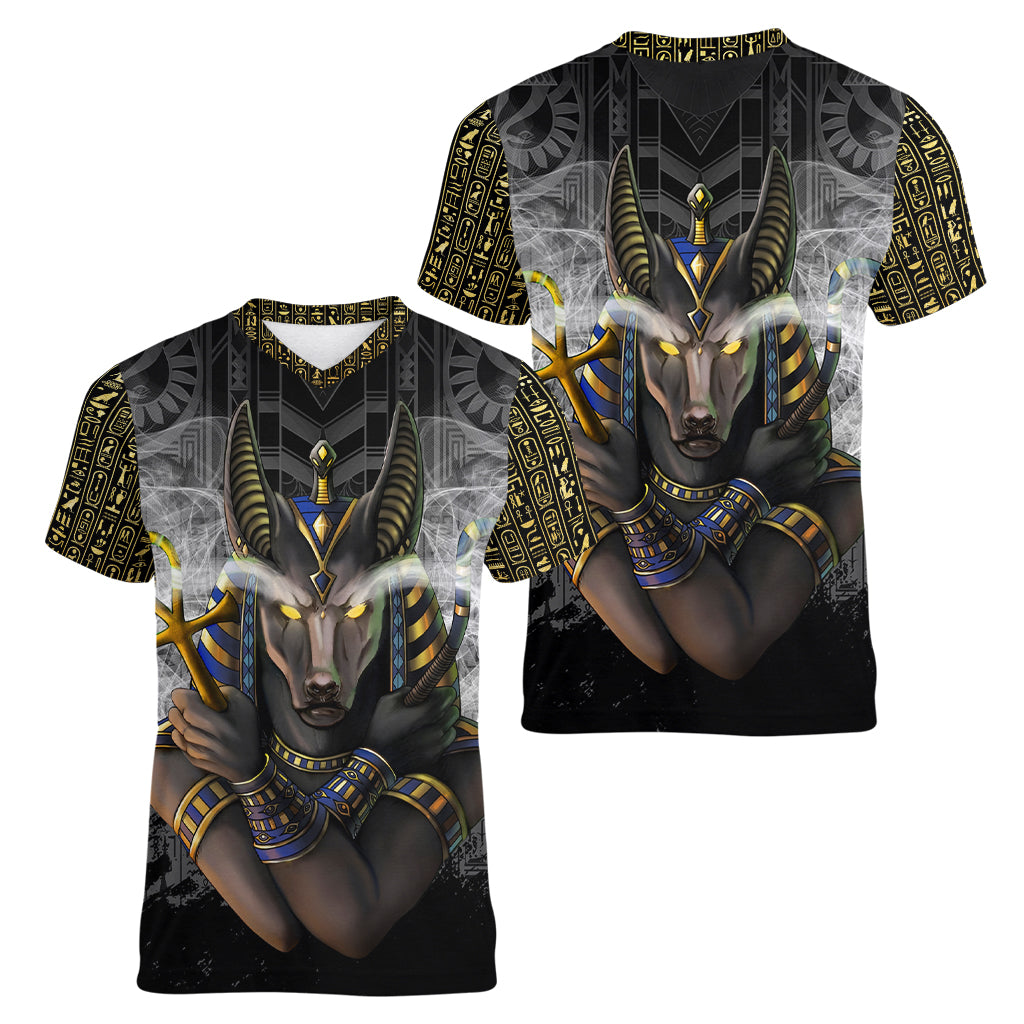 Anubis Women V Neck T Shirt Egypt Pattern Black - Wonder Print Shop