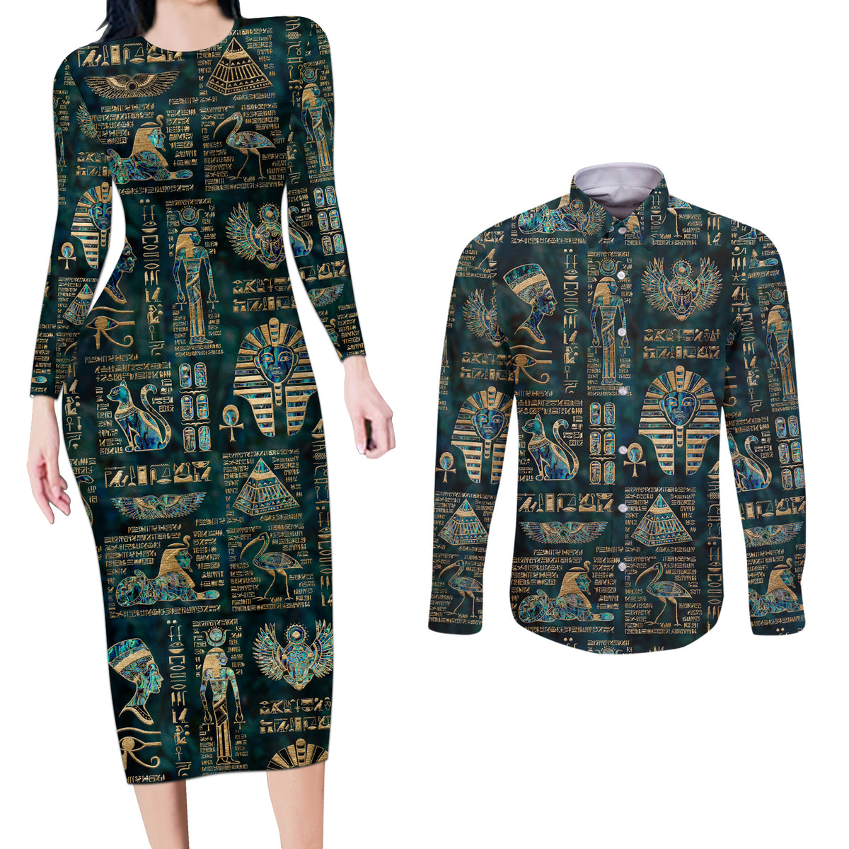 Egyptian Hieroglyphs And Deities Couples Matching Long Sleeve Bodycon Dress and Long Sleeve Button Shirt - Wonder Print Shop
