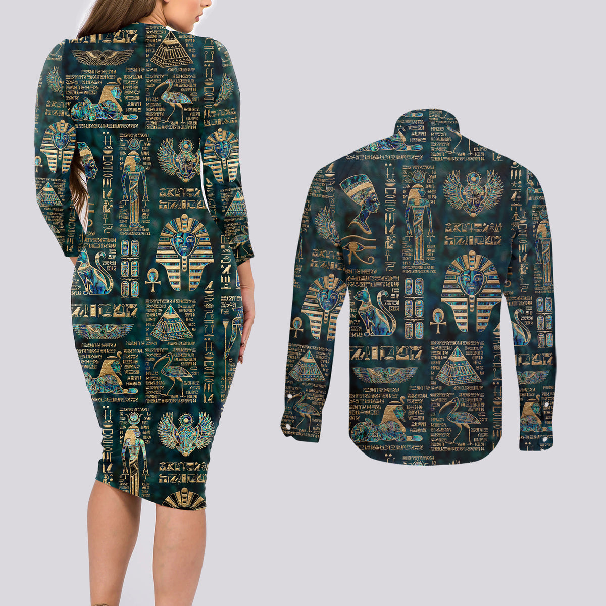 Egyptian Hieroglyphs And Deities Couples Matching Long Sleeve Bodycon Dress and Long Sleeve Button Shirt - Wonder Print Shop