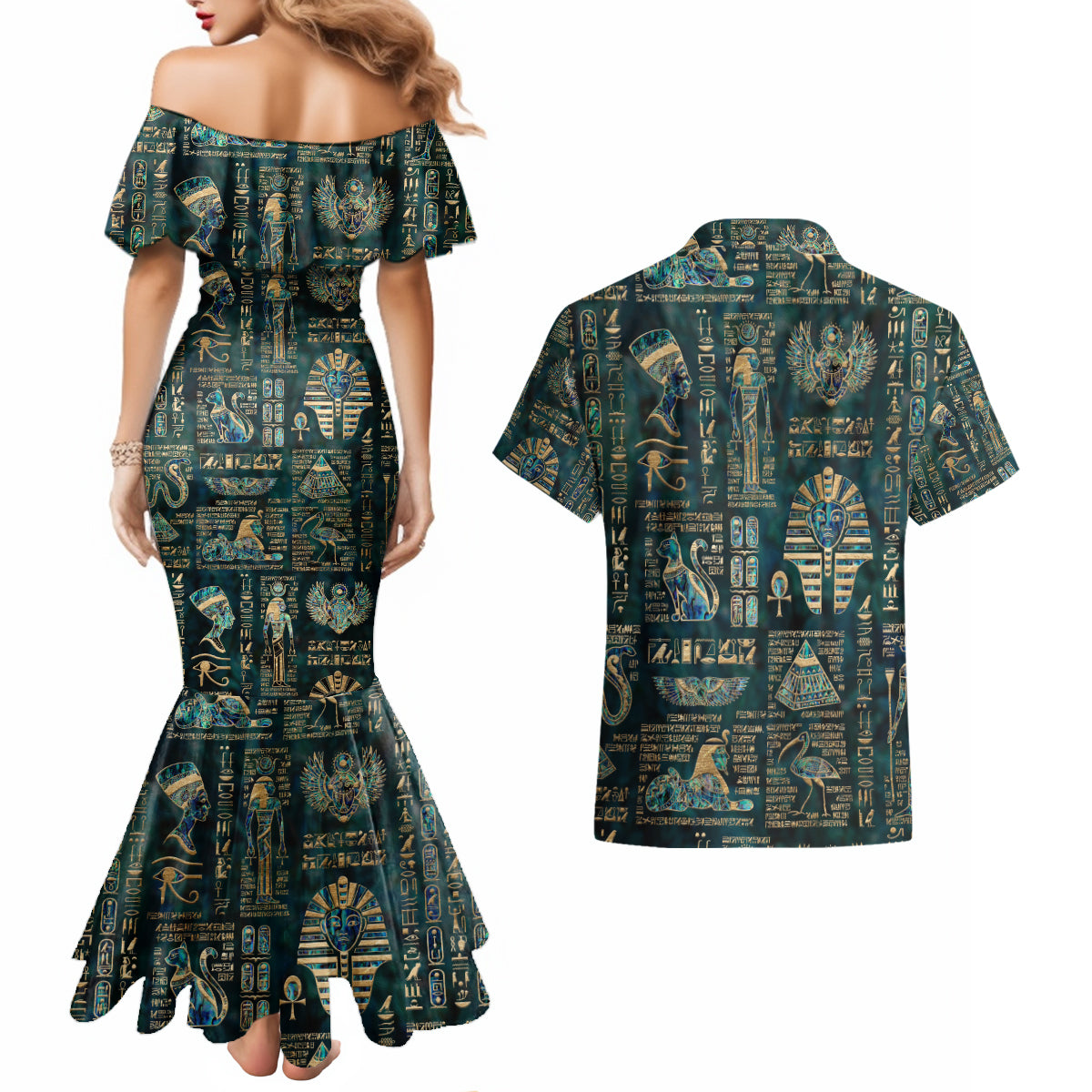 Egyptian Hieroglyphs And Deities Couples Matching Mermaid Dress and Hawaiian Shirt - Wonder Print Shop