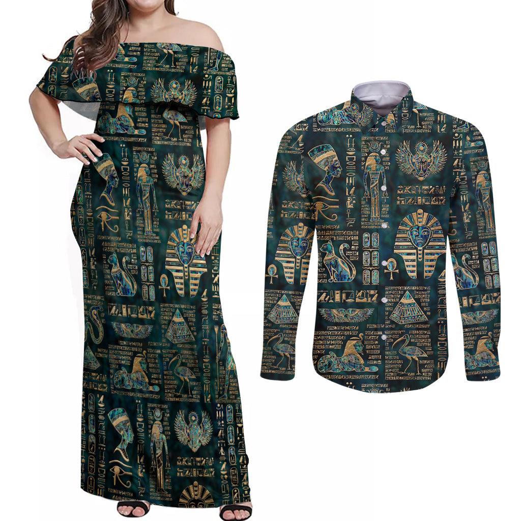 Egyptian Hieroglyphs And Deities Couples Matching Off Shoulder Maxi Dress and Long Sleeve Button Shirt - Wonder Print Shop