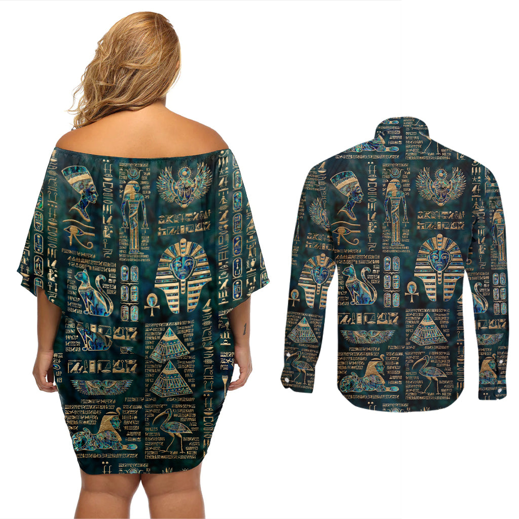 Egyptian Hieroglyphs And Deities Couples Matching Off Shoulder Short Dress and Long Sleeve Button Shirt - Wonder Print Shop