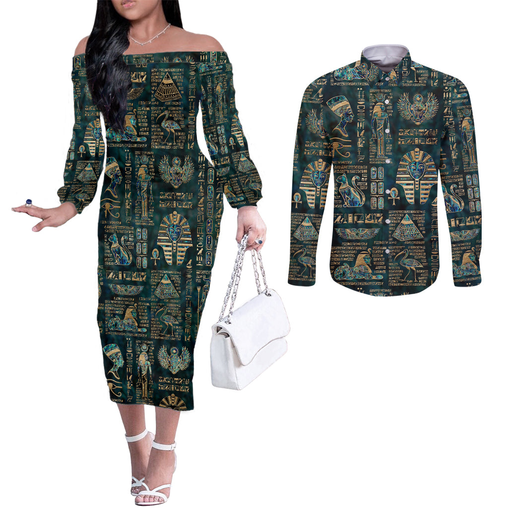 Egyptian Hieroglyphs And Deities Couples Matching Off The Shoulder Long Sleeve Dress and Long Sleeve Button Shirt