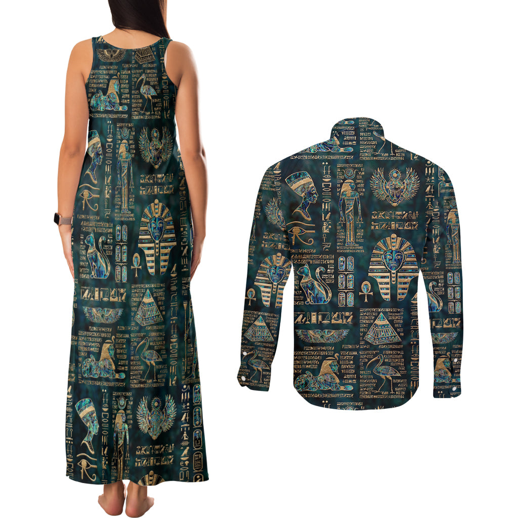 Egyptian Hieroglyphs And Deities Couples Matching Tank Maxi Dress and Long Sleeve Button Shirt - Wonder Print Shop