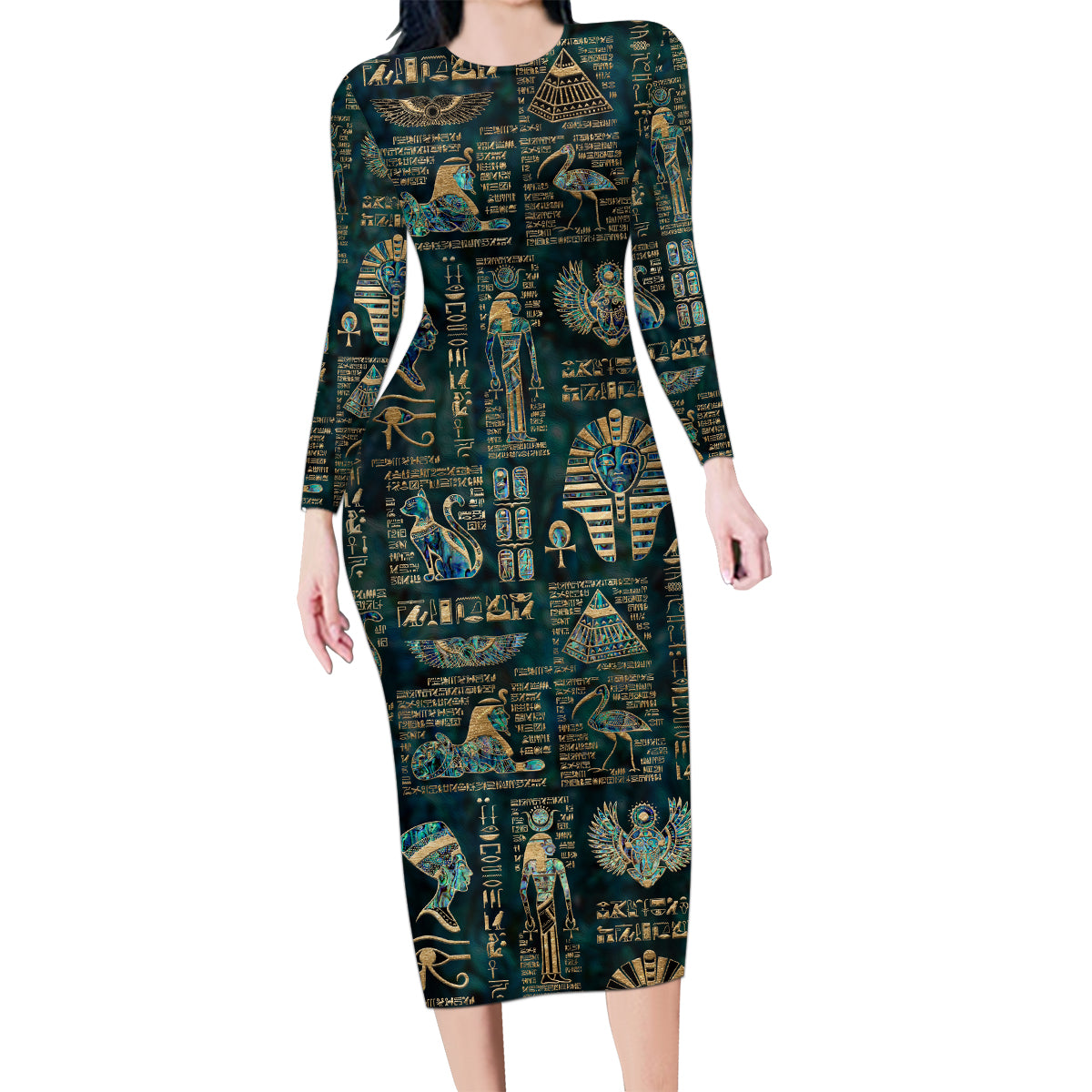 Egyptian Hieroglyphs And Deities Family Matching Long Sleeve Bodycon Dress and Hawaiian Shirt - Wonder Print Shop