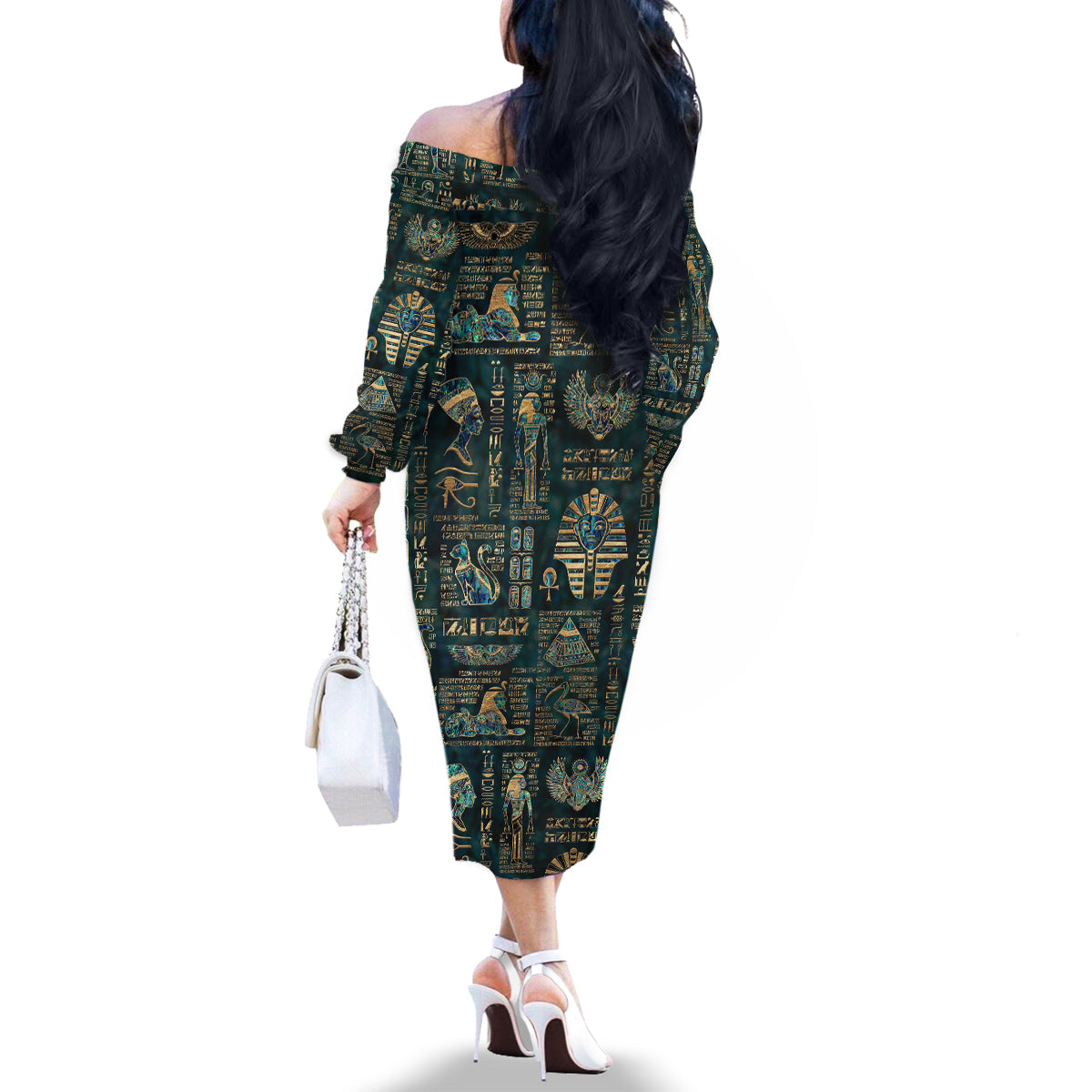 Egyptian Hieroglyphs And Deities Family Matching Off Shoulder Long Sleeve Dress and Hawaiian Shirt - Wonder Print Shop