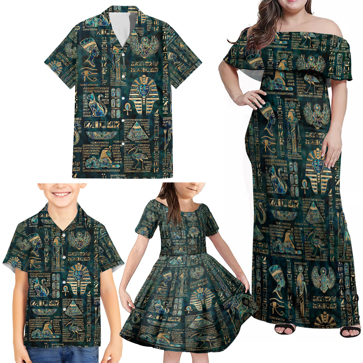 Egyptian Hieroglyphs And Deities Family Matching Off Shoulder Maxi Dress and Hawaiian Shirt