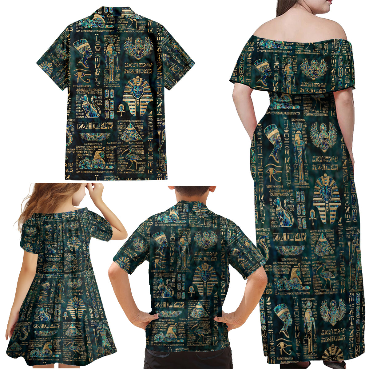 Egyptian Hieroglyphs And Deities Family Matching Off Shoulder Maxi Dress and Hawaiian Shirt - Wonder Print Shop