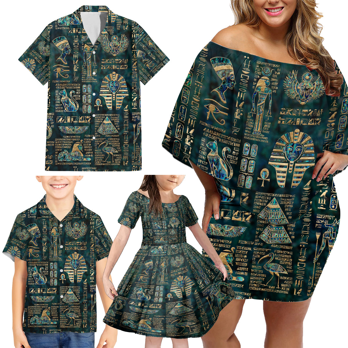 Egyptian Hieroglyphs And Deities Family Matching Off Shoulder Short Dress and Hawaiian Shirt - Wonder Print Shop