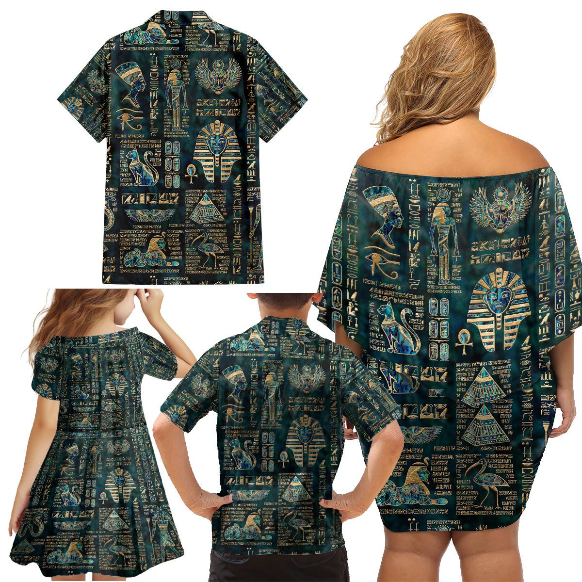 Egyptian Hieroglyphs And Deities Family Matching Off Shoulder Short Dress and Hawaiian Shirt - Wonder Print Shop