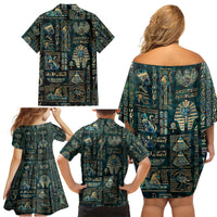 Egyptian Hieroglyphs And Deities Family Matching Off Shoulder Short Dress and Hawaiian Shirt - Wonder Print Shop
