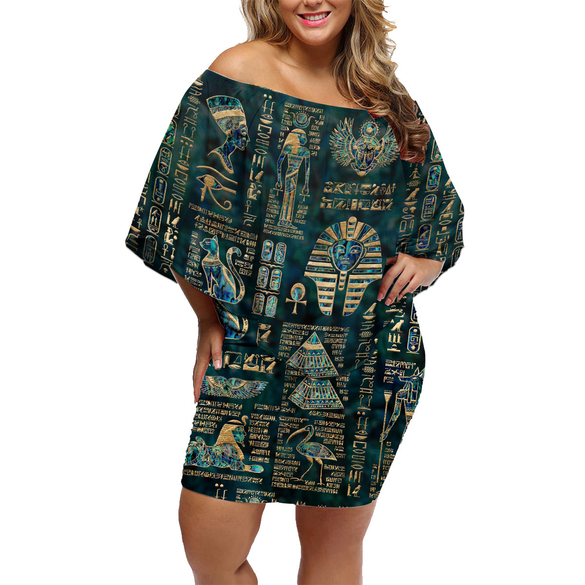 Egyptian Hieroglyphs And Deities Family Matching Off Shoulder Short Dress and Hawaiian Shirt - Wonder Print Shop