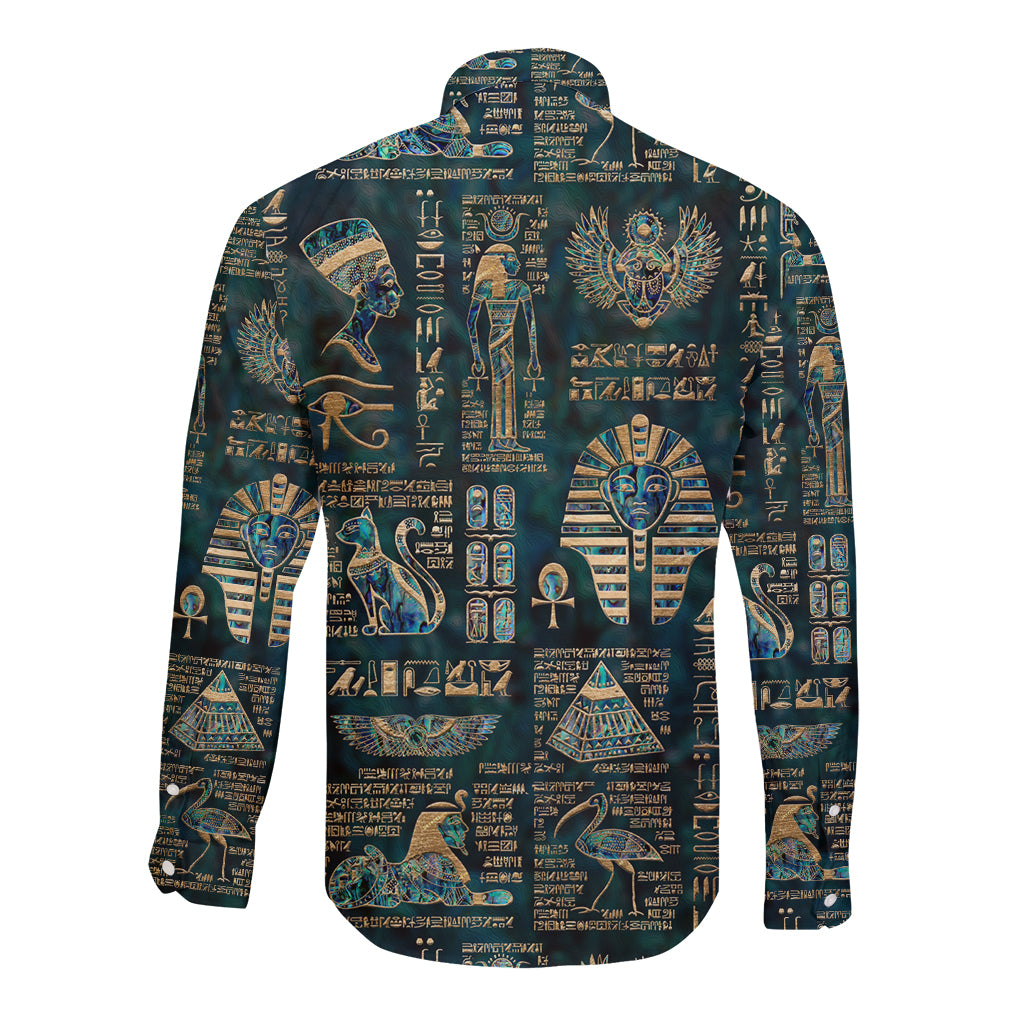Egyptian Hieroglyphs And Deities Long Sleeve Button Shirt - Wonder Print Shop