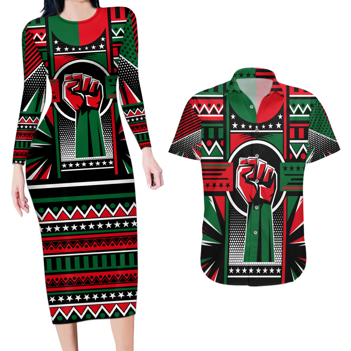 Power Fist And Patterns In Pan African Couples Matching Long Sleeve Bodycon Dress and Hawaiian Shirt - Wonder Print Shop