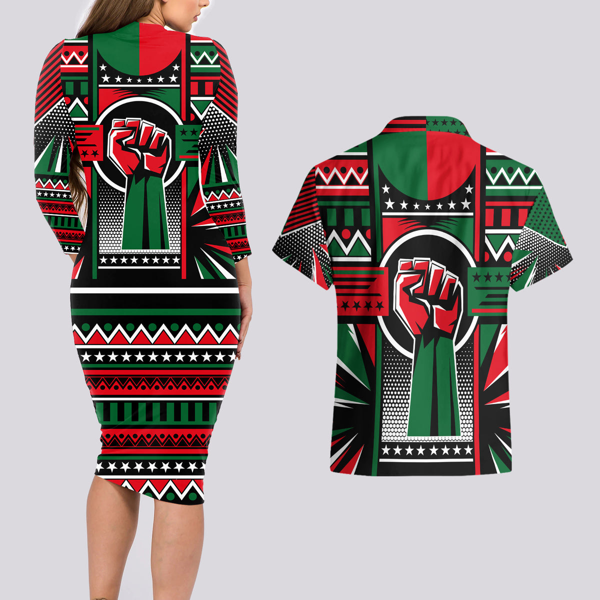 Power Fist And Patterns In Pan African Couples Matching Long Sleeve Bodycon Dress and Hawaiian Shirt - Wonder Print Shop
