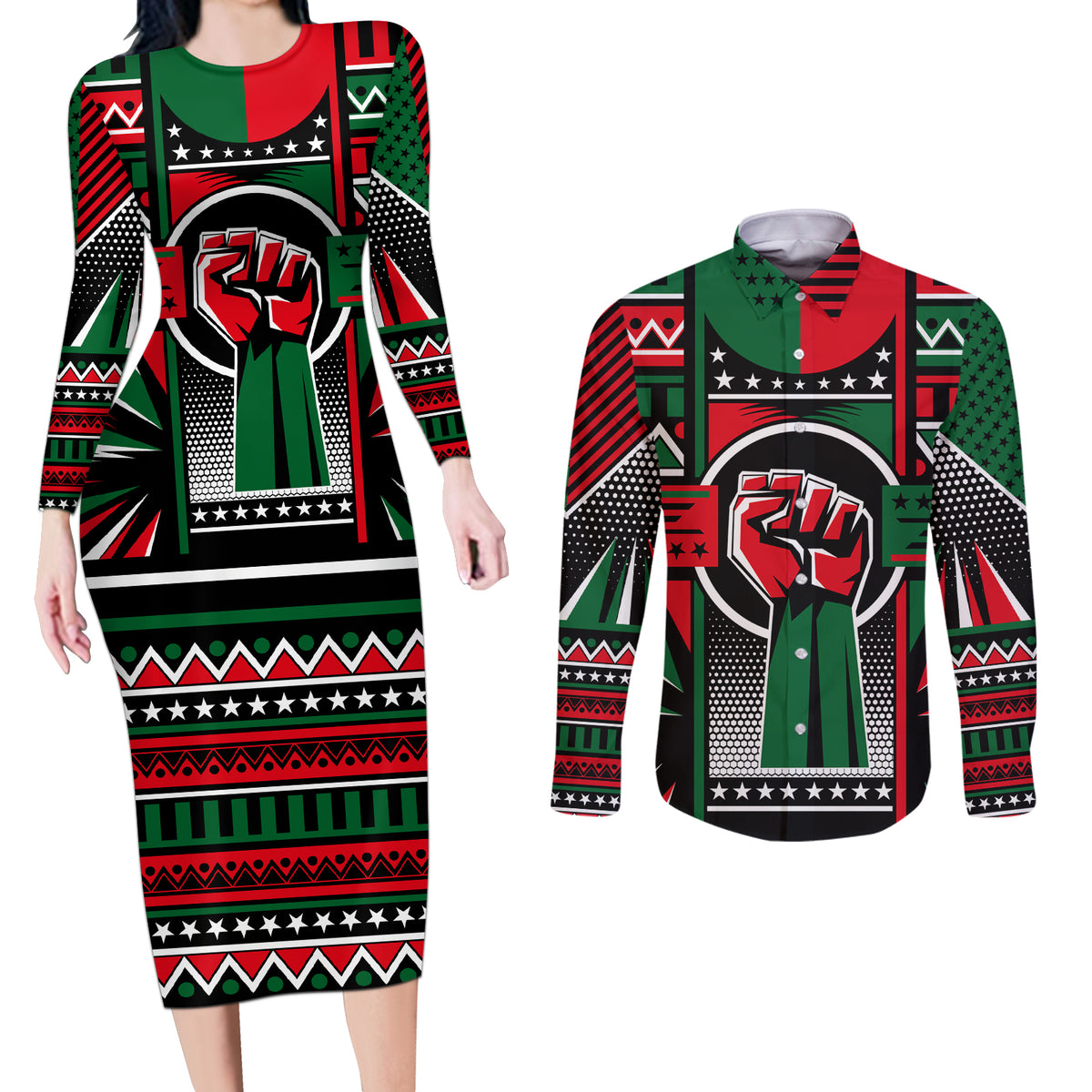 Power Fist And Patterns In Pan African Couples Matching Long Sleeve Bodycon Dress and Long Sleeve Button Shirt - Wonder Print Shop