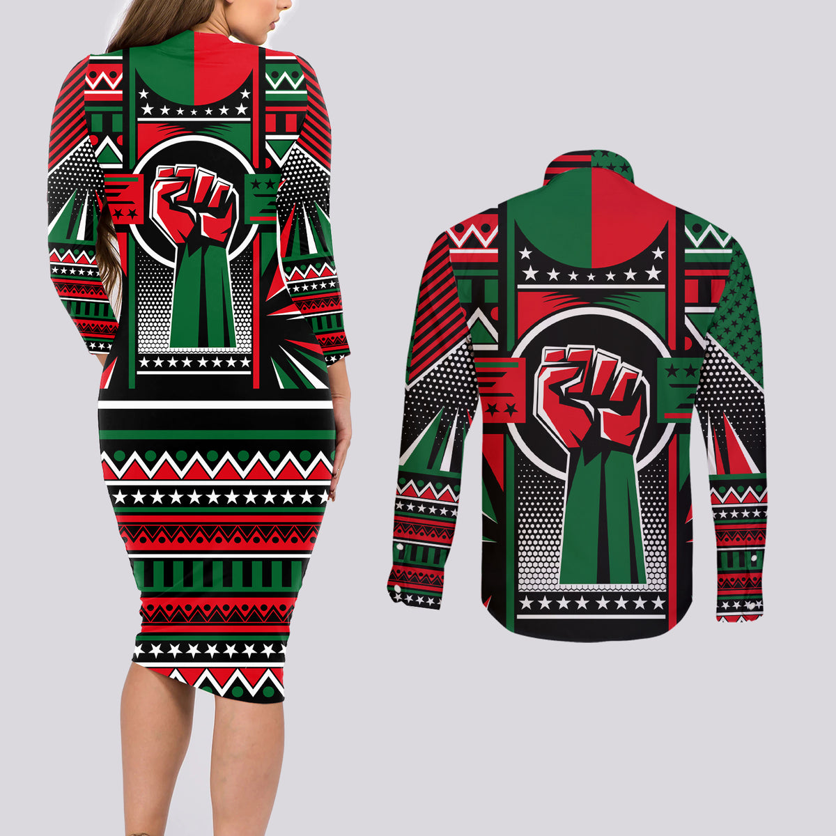 Power Fist And Patterns In Pan African Couples Matching Long Sleeve Bodycon Dress and Long Sleeve Button Shirt - Wonder Print Shop