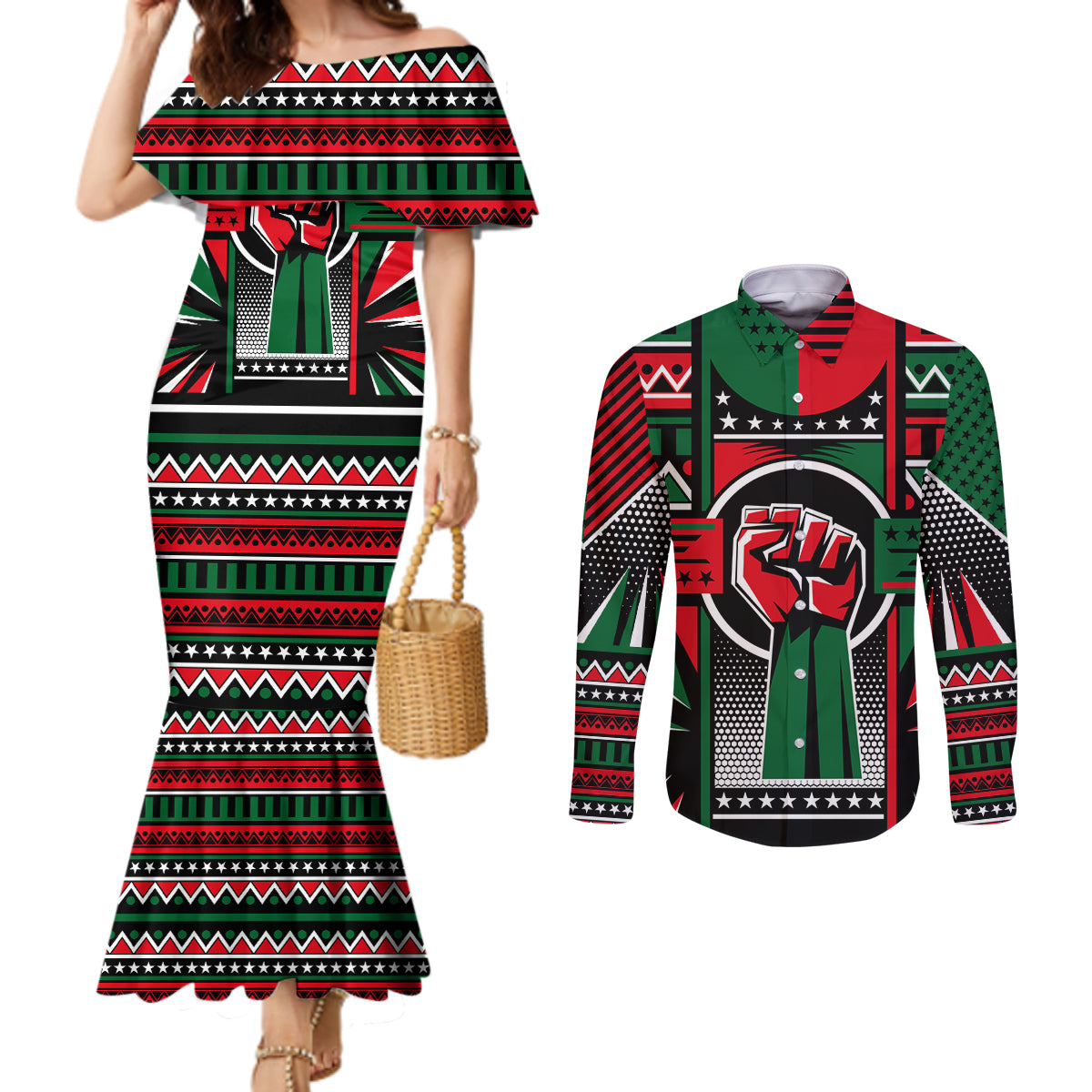 Power Fist And Patterns In Pan African Couples Matching Mermaid Dress and Long Sleeve Button Shirt