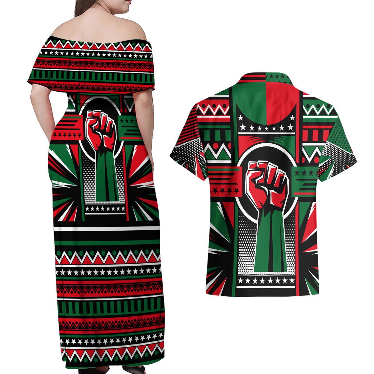 Power Fist And Patterns In Pan African Couples Matching Off Shoulder Maxi Dress and Hawaiian Shirt - Wonder Print Shop