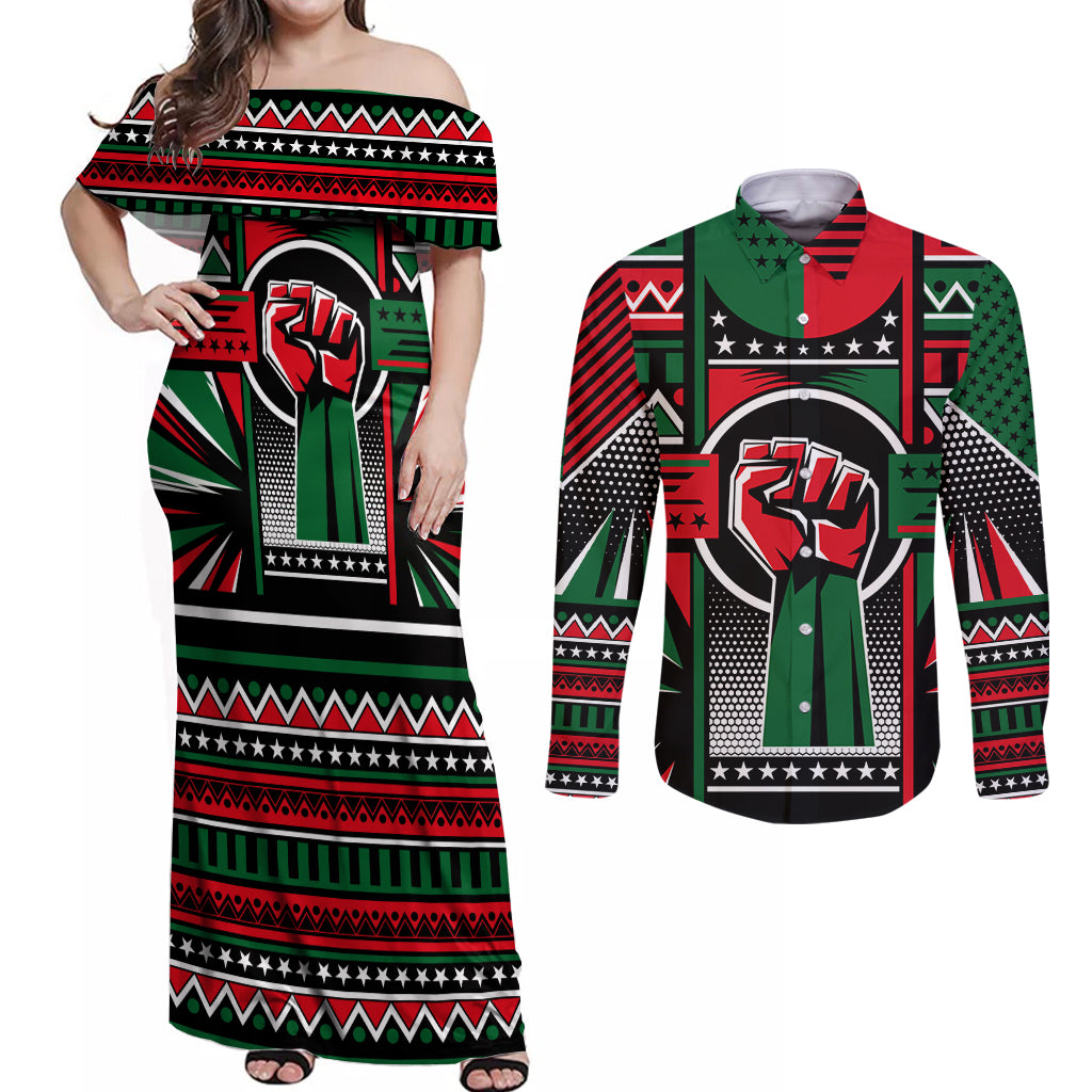 Power Fist And Patterns In Pan African Couples Matching Off Shoulder Maxi Dress and Long Sleeve Button Shirt - Wonder Print Shop