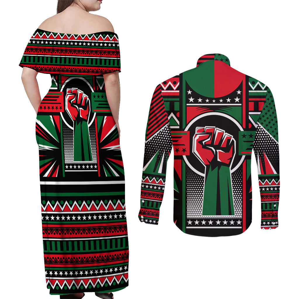 Power Fist And Patterns In Pan African Couples Matching Off Shoulder Maxi Dress and Long Sleeve Button Shirt - Wonder Print Shop