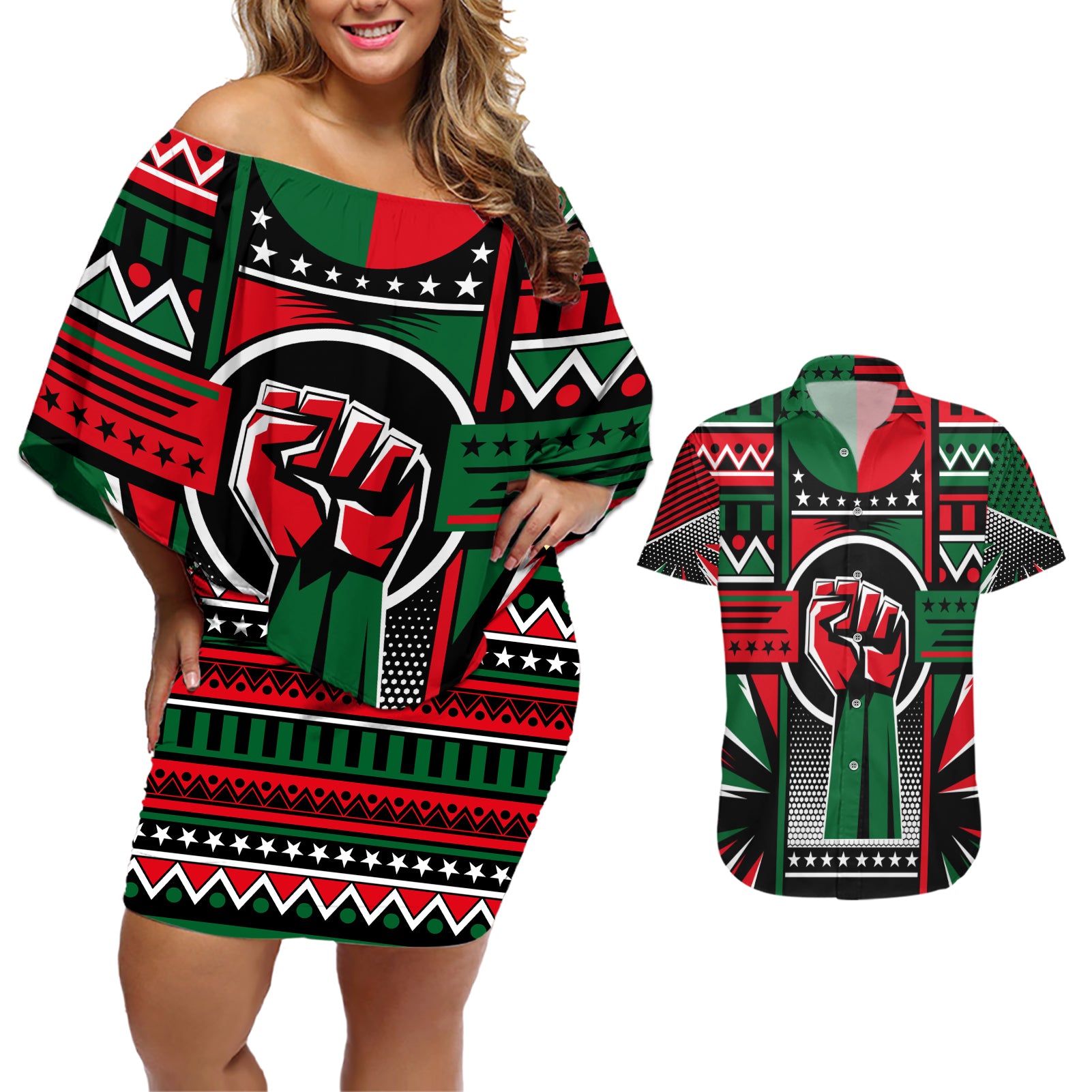 Power Fist And Patterns In Pan African Couples Matching Off Shoulder Short Dress and Hawaiian Shirt - Wonder Print Shop
