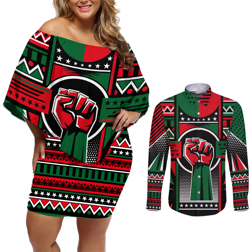 Power Fist And Patterns In Pan African Couples Matching Off Shoulder Short Dress and Long Sleeve Button Shirt - Wonder Print Shop