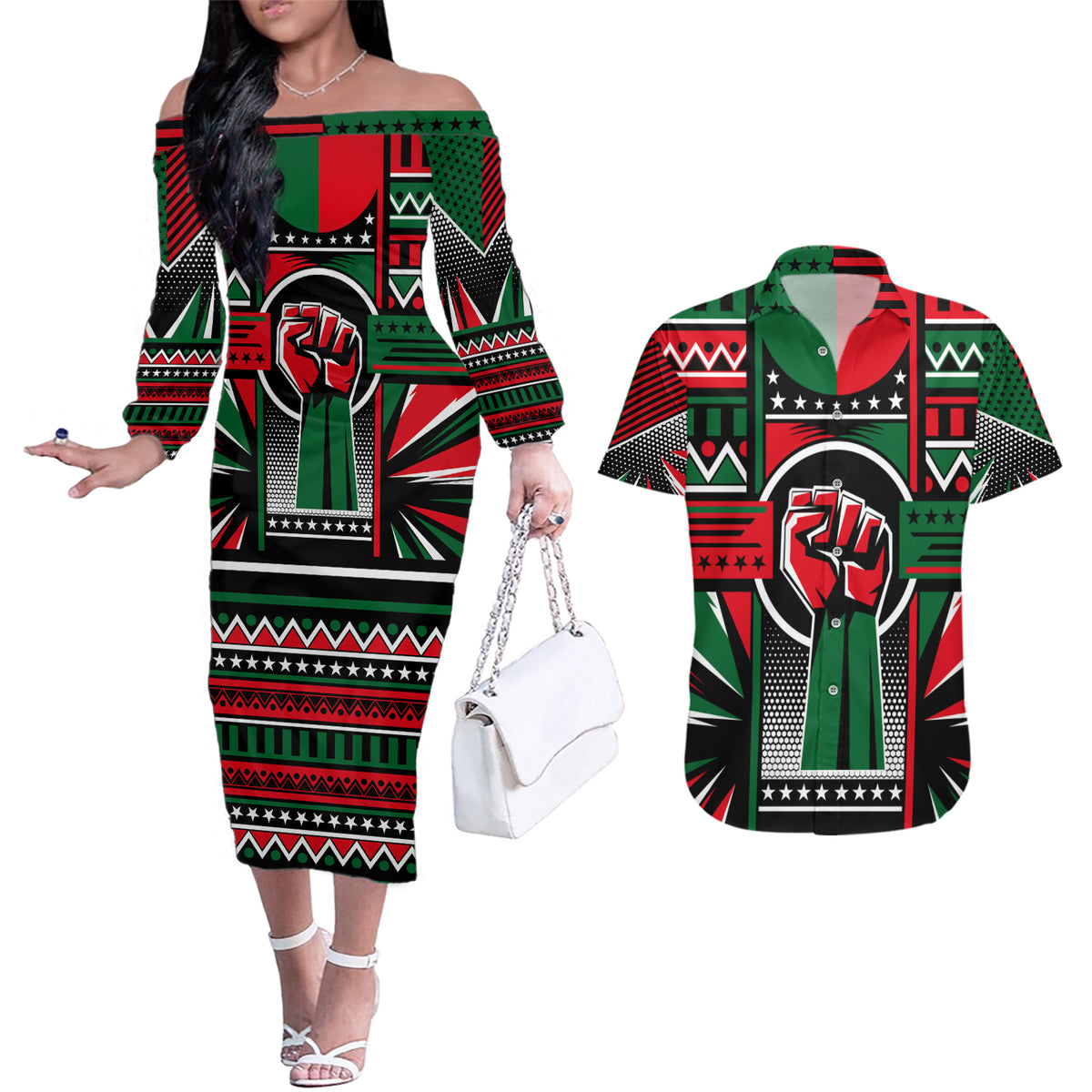 Power Fist And Patterns In Pan African Couples Matching Off The Shoulder Long Sleeve Dress and Hawaiian Shirt - Wonder Print Shop