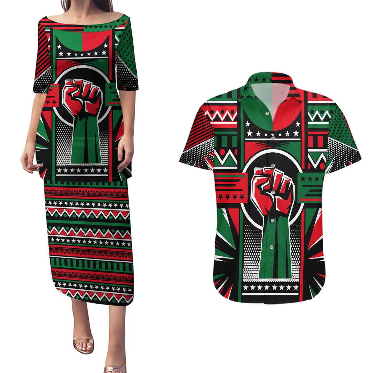 Power Fist And Patterns In Pan African Couples Matching Puletasi and Hawaiian Shirt - Wonder Print Shop
