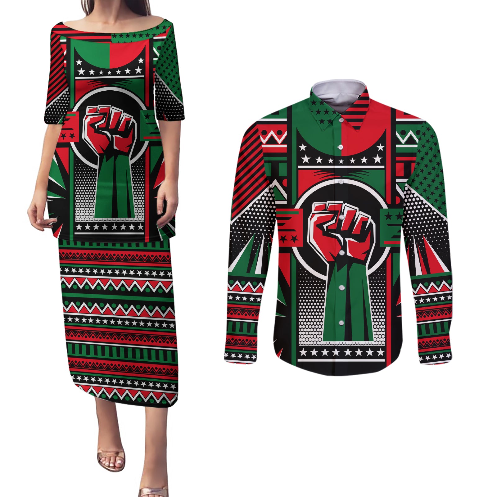 Power Fist And Patterns In Pan African Couples Matching Puletasi and Long Sleeve Button Shirt - Wonder Print Shop