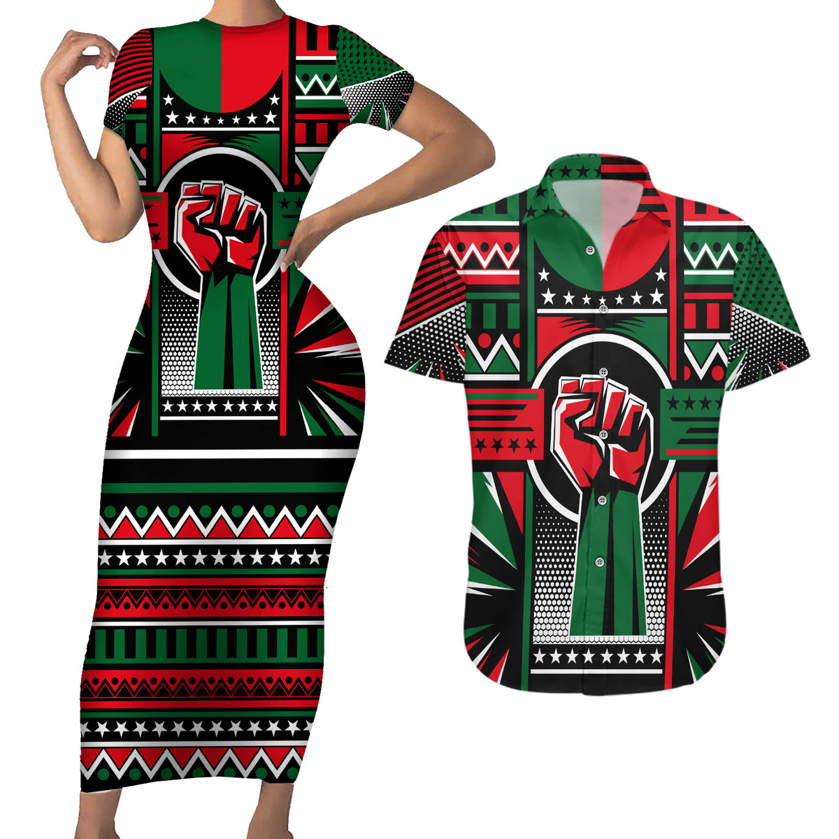 Power Fist And Patterns In Pan African Couples Matching Short Sleeve Bodycon Dress and Hawaiian Shirt - Wonder Print Shop