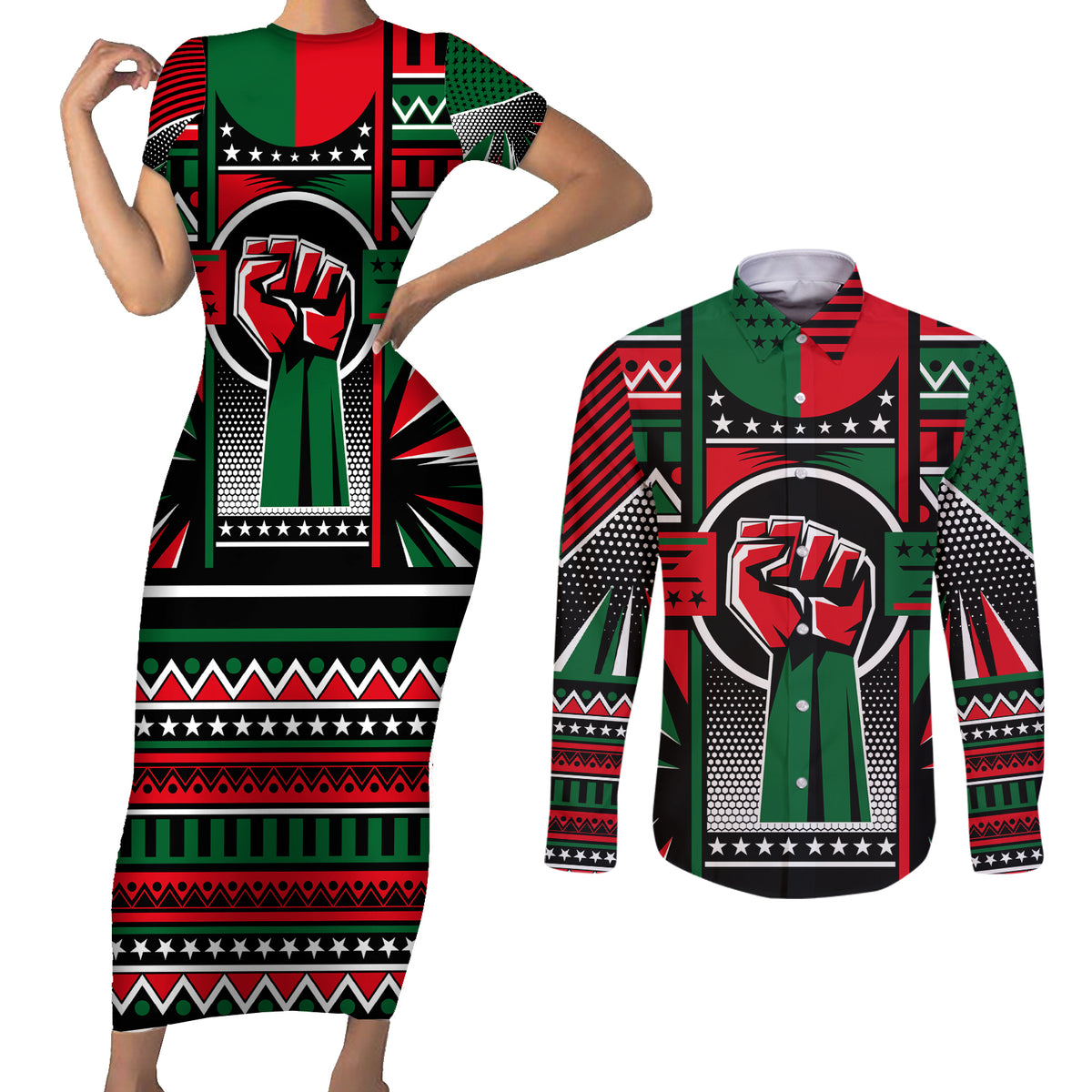 Power Fist And Patterns In Pan African Couples Matching Short Sleeve Bodycon Dress and Long Sleeve Button Shirt - Wonder Print Shop