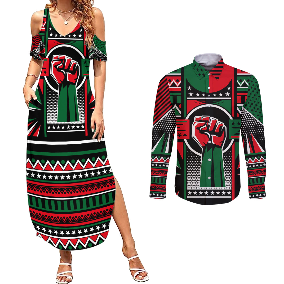 Power Fist And Patterns In Pan African Couples Matching Summer Maxi Dress and Long Sleeve Button Shirt - Wonder Print Shop