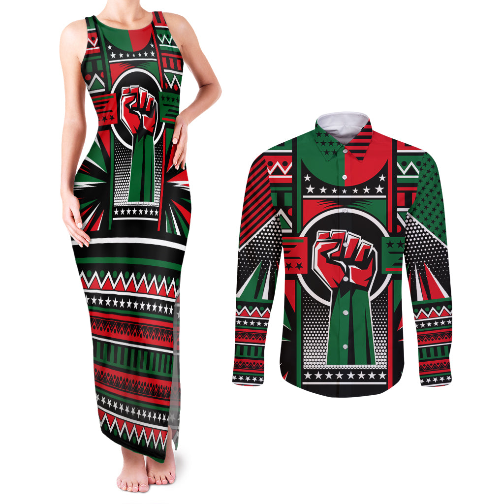 Power Fist And Patterns In Pan African Couples Matching Tank Maxi Dress and Long Sleeve Button Shirt - Wonder Print Shop