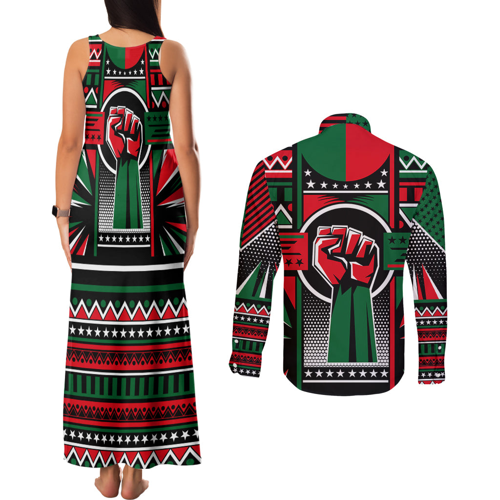 Power Fist And Patterns In Pan African Couples Matching Tank Maxi Dress and Long Sleeve Button Shirt - Wonder Print Shop