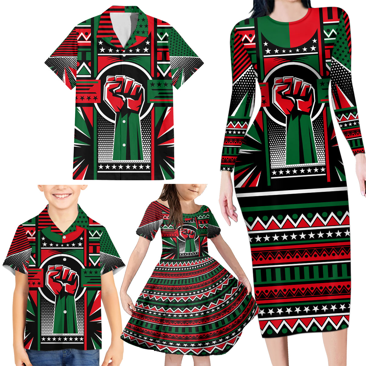 Power Fist And Patterns In Pan African Family Matching Long Sleeve Bodycon Dress and Hawaiian Shirt - Wonder Print Shop