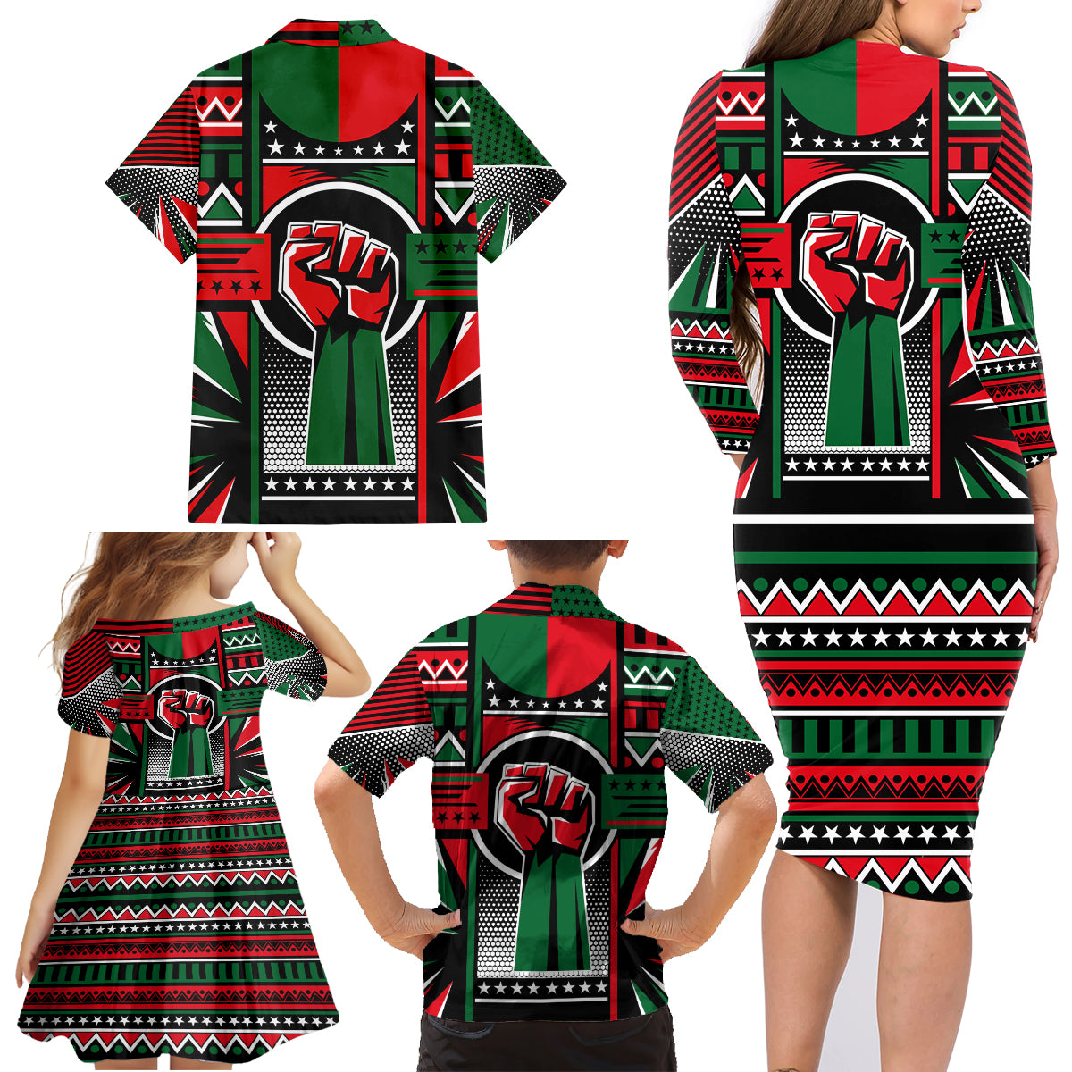 Power Fist And Patterns In Pan African Family Matching Long Sleeve Bodycon Dress and Hawaiian Shirt - Wonder Print Shop