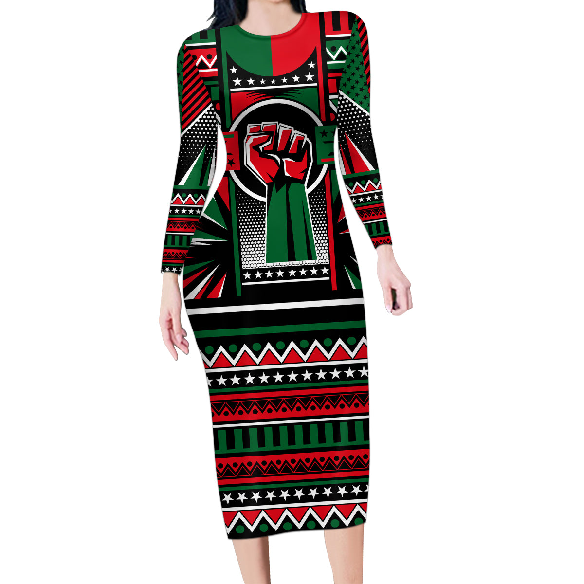 Power Fist And Patterns In Pan African Family Matching Long Sleeve Bodycon Dress and Hawaiian Shirt - Wonder Print Shop