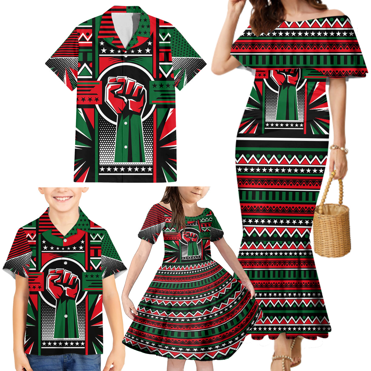 Power Fist And Patterns In Pan African Family Matching Mermaid Dress and Hawaiian Shirt - Wonder Print Shop