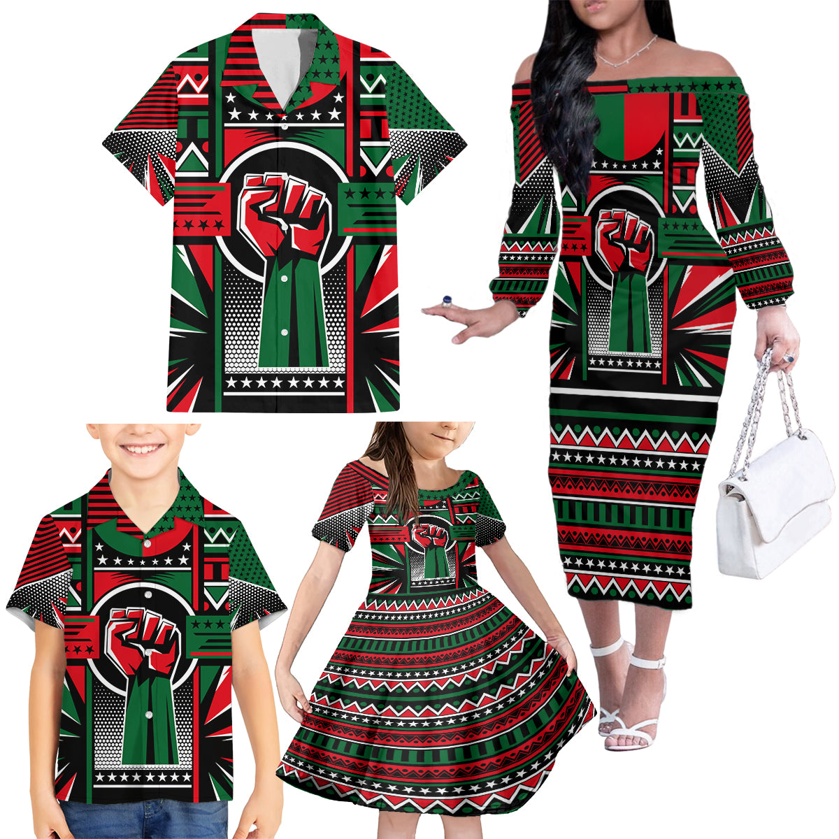Power Fist And Patterns In Pan African Family Matching Off Shoulder Long Sleeve Dress and Hawaiian Shirt - Wonder Print Shop