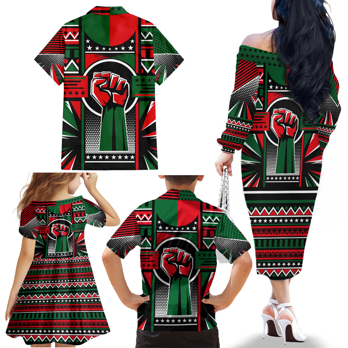 Power Fist And Patterns In Pan African Family Matching Off Shoulder Long Sleeve Dress and Hawaiian Shirt - Wonder Print Shop