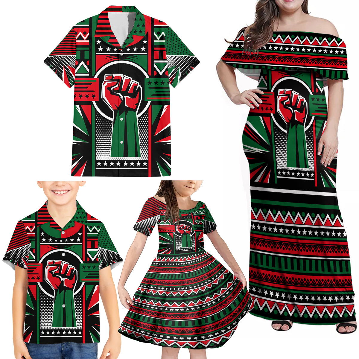 Power Fist And Patterns In Pan African Family Matching Off Shoulder Maxi Dress and Hawaiian Shirt - Wonder Print Shop