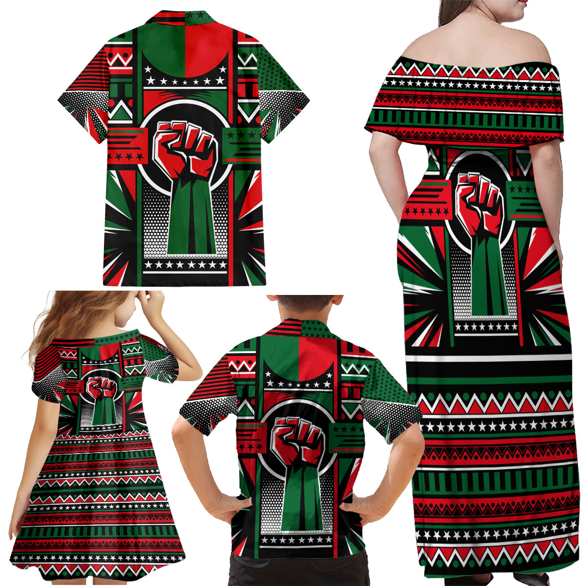 Power Fist And Patterns In Pan African Family Matching Off Shoulder Maxi Dress and Hawaiian Shirt - Wonder Print Shop